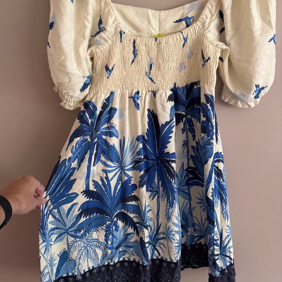 Farm Rio Brazil Blue Bird and Palm Print Puff Sleeve Linen Mini Dress Medium - Picture 4 of 10